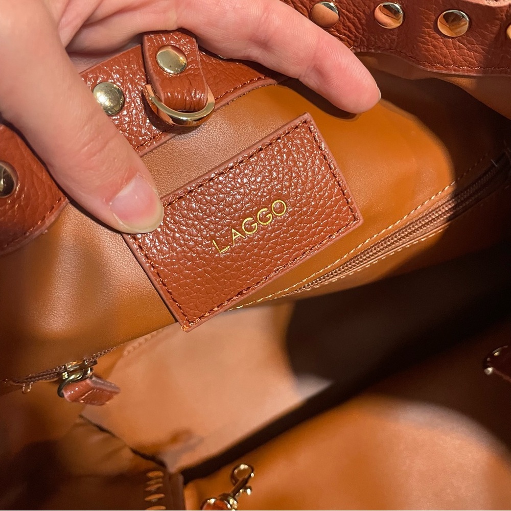 LAGGO Remy Cognac Tan Leather Studded Tassel Tote Bag - Picture 14 of 15